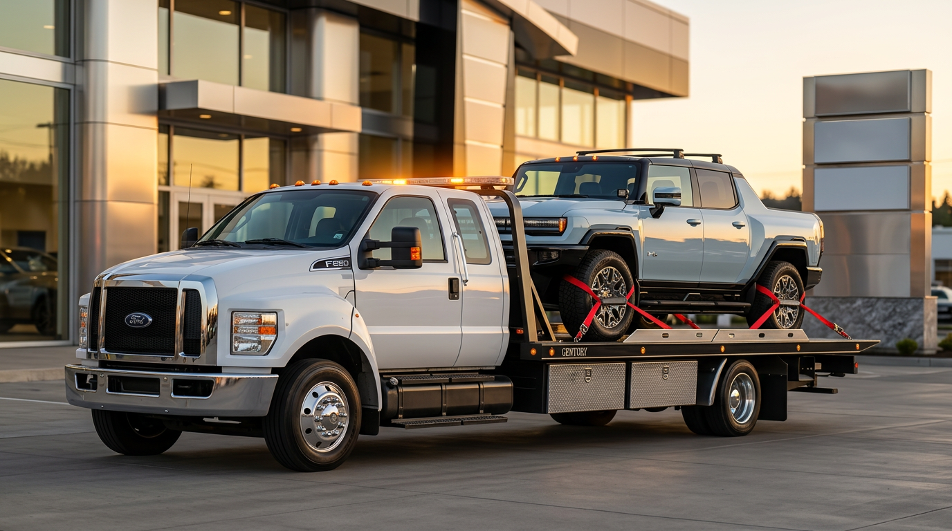 ZNT Towing flatbed truck carrying a Hummer EV at a dealership
